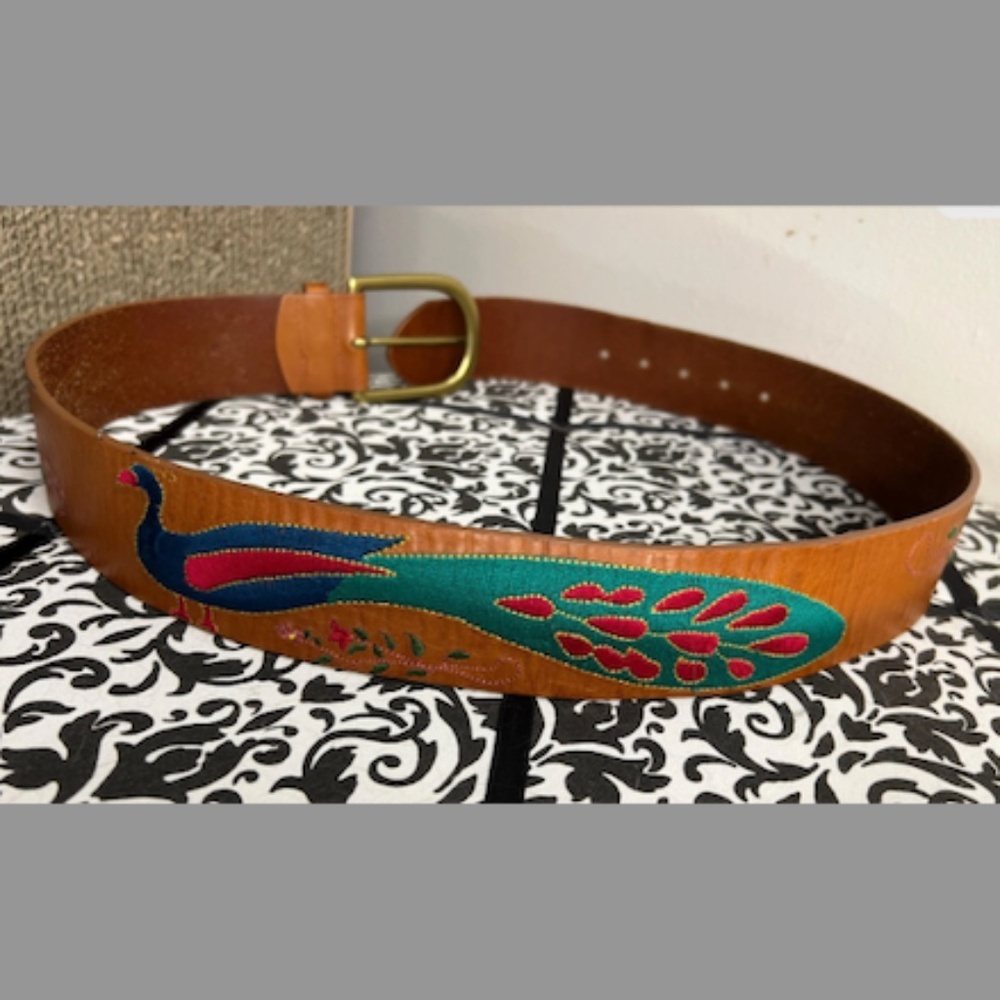 Linea Pelle Leather Embroidered Colorful Peacock Floral Bohemian Festival Belt